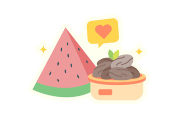 Dates and watermelon dishes for Eid al-Fitr sticker illustration.
