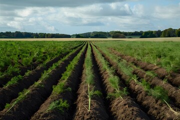 Fototapeta na wymiar Professionally cultivated carrot rows stretch across the field