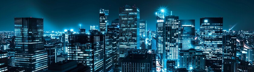Cityscape at Night, black background with blue accents to depict a city skyline at night