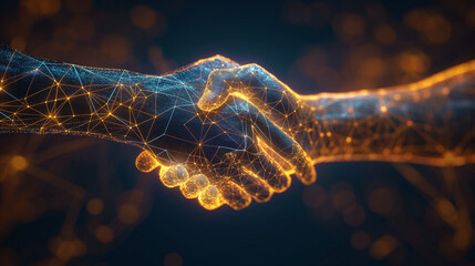 Two wire-frame glowing hands, handshake, technology, business, trust concept.