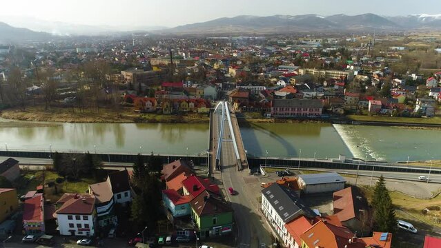 Hyperlapse Bridge Over Sola In Zywiec. Polish Aerial View