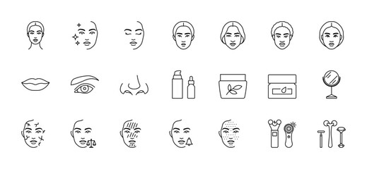 Icon set of cosmetology skin care related. Skin types skin, facial device, cosmetic products, microcurrent, massage rollers. Female face, cream, gel, serum. Minimalist icons, editable strokes, thin li