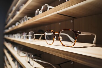 Selective focus highlights glasses displayed on shelf in optics store