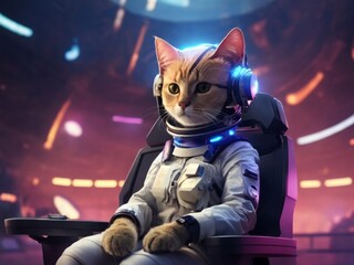 Shorthair cat wearing a space helmet sitting at the helm of a spaceship Generative AI 