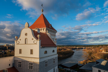 Panoramic view of the Neman River and the tower of the Old (Upper) Castle, opening from the observation deck on a sunny day, Grodno, Belarus