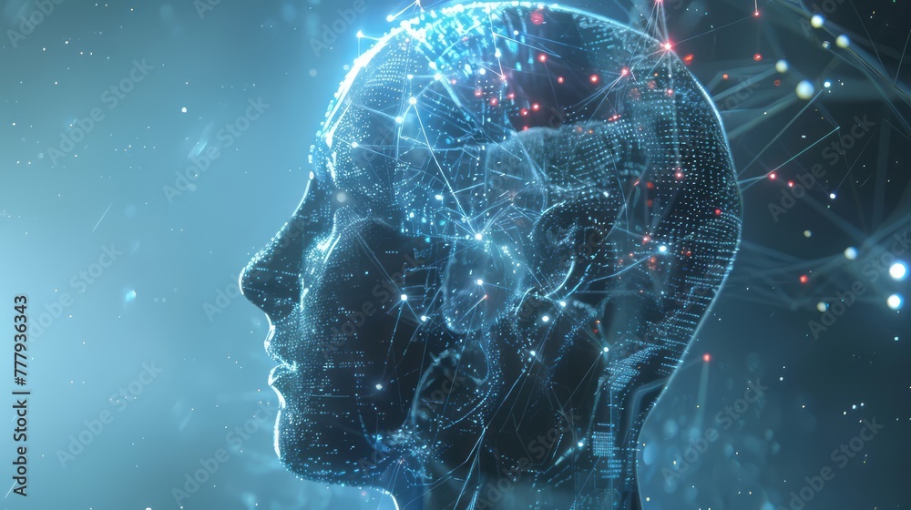 Poster a computer generated image of a brain with a blue background
