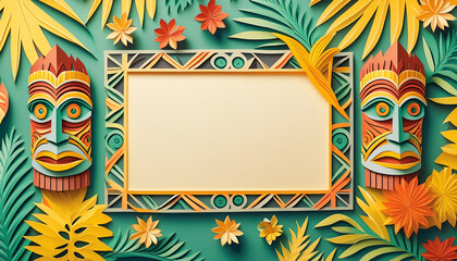 A quirky tiki scene with a blank central sign featuring a polynesian style tiki mask, palm leaves, flowers  in a cut and folded paper style, origami style - obrazy, fototapety, plakaty