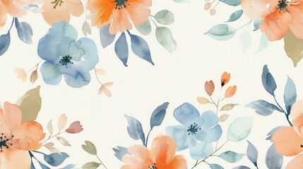 Minimalist Watercolor flowers pattern, photorealistic with warm tones and orange, blue and light pink flowers and green leaves, high details, 8k high resolution, transparent background. 