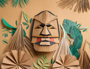 A textural tiki mask is surrounded by brown and green paper palm leaves, flowers  in a cut and folded construction paper style, origami style with a tropical hawaiian pacific aesthetic knelling - obrazy, fototapety, plakaty
