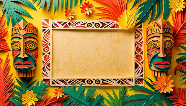A whimsical tiki frame border  with a blank central sign featuring a polynesian style tiki mask, palm leaves, flowers  in a cut and folded paper style, origami style