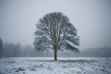 Solitary tree standing amidst snowy winter forest landscape, evoking solitude - Powered by Adobe