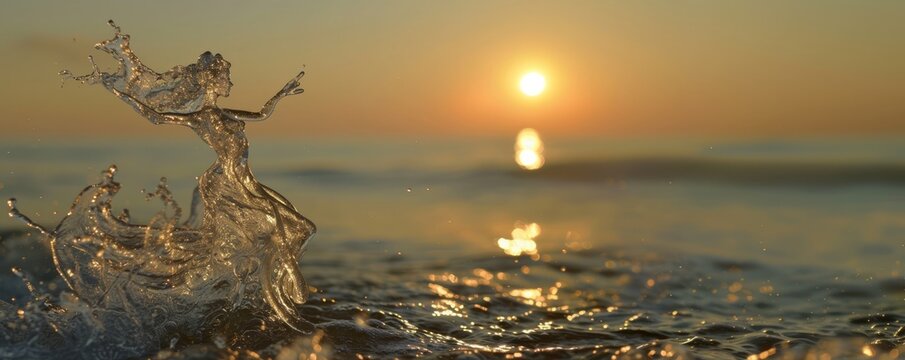  A splash of a sea wave in the shape of a dancing girl in the rays of the rising sun
