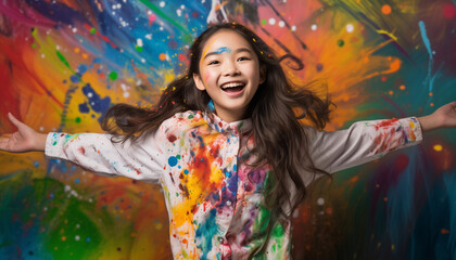 portrait of cute Asian girl splattered with colorful hues reflecting the boundless energy and enthusiasm of their creative process