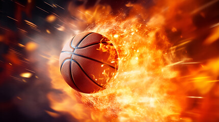 the basketball is flying in a fire championship rebounding on a fiery background