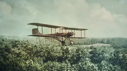 Foto op Canvas Wright Brothers biplane type B flying over Sebbarp, Sweden - Fokker D.VII World War I replica fighter in the air. Plane used for California rice seeding, Generative Ai © shehzad