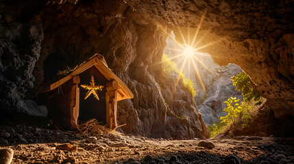 Wooden manger and star of Bethlehem in cave nativi Waiting for the Messiah - Empty manger with Comet Star coming,  Generative Ai - obrazy, fototapety, plakaty
