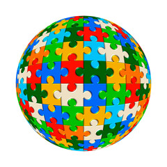 Colorful spherical jigsaw puzzle illustration isolated on white background.	
