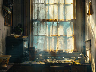 The warmth of daylight filtering through a dusty, dirty window, illuminating an ignored, cluttered space with hope