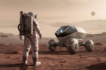 StockPhoto Photo Astronaut explores Mars landscape with futuristic vehicle