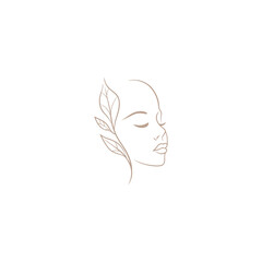 Line Art Natural Beauty woman face ecological leaf logo vector
