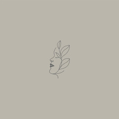 Line Art Natural Beauty woman face ecological leaf logo vector
