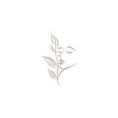 Line Art Natural Beauty woman face ecological leaf logo vector
