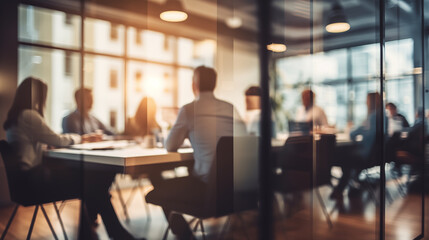 Obraz na płótnie Canvas Blurry Office Meeting Through Glass Wall: Focusing on Corporate Teamwork and Workplace Dynamics.