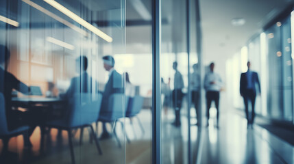 Blurry Office Meeting Through Glass Wall: Focusing on Corporate Teamwork and Workplace Dynamics.