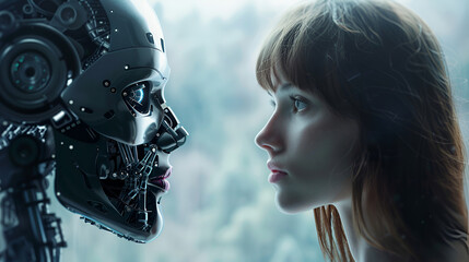 woman opposite ai the concept of confrontation between humanity and artificial intelligence  Machine vs human: AI robot and man facing each other, Generative Ai