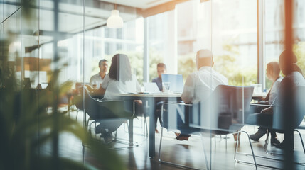 Fototapeta na wymiar Blurry Office Meeting Through Glass Wall: Focusing on Corporate Teamwork and Workplace Dynamics.