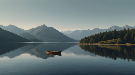 A solitary boat floating on a calm mountain lake creating a tranquil and minimalist scene with reflections on the water.generative.ai - obrazy, fototapety, plakaty