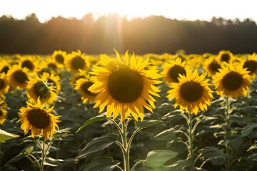 Fototapeta premium Sunflower field in sunlight, ecology concept