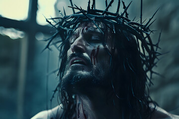 Jesus wearing a crown of thorns as a sacrifice - obrazy, fototapety, plakaty