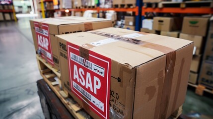 A cardboard package sealed with tape and prominently displaying an ASAP sticker, indicating urgent shipment, ready for immediate dispatch in a shipping facility.