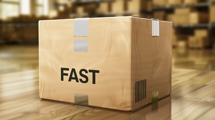 A cardboard package sealed with tape and prominently displaying an Fast sticker, indicating urgent shipment, ready for immediate dispatch in a shipping facility. - obrazy, fototapety, plakaty