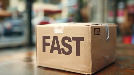 A cardboard package sealed with tape and prominently displaying an Fast sticker, indicating urgent shipment, ready for immediate dispatch in a shipping facility.