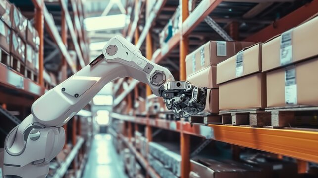 Automated warehouse scene where multiple robotic arms are efficiently selecting and retrieving items from organized shelves, showcasing advanced logistics automation for streamlined operations.
