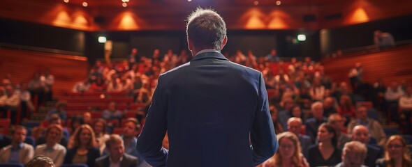 Businessman giving a presentation at a conference in a modern building with people sitting and listening, wide angle shot of the audience from behind the man standing on stage presenting his ideas. - obrazy, fototapety, plakaty