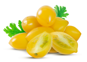 Pile of yellow cherry tomatoes with cilantro leaves isolated on white background