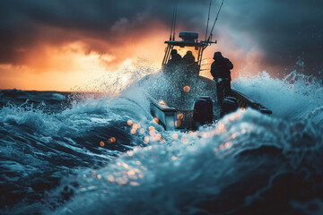 Brutal men team departing in motor boat vessel heading in open stormy sea for night fishing. Hard men's work and Natural resources concept image - obrazy, fototapety, plakaty