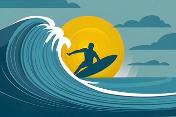 Surfers silhouette rides wave with sun backdrop, captivating illustration