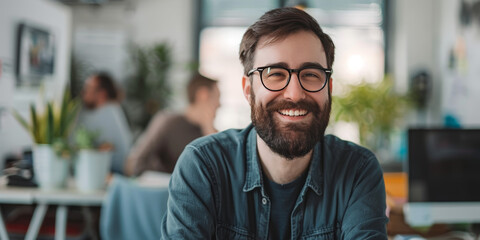Naklejka premium A smiling man with a beard wearing glasses, posing in a modern office environment with plants. 