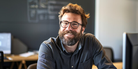 A smiling man with a beard wearing glasses, posing in a modern office environment with plants.
 - obrazy, fototapety, plakaty