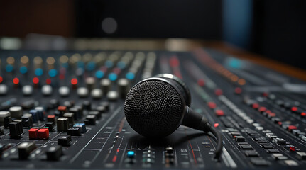 Professional Sound studio scene, Intricate audio equipment, Audio mixing console in a streaming, live broadcast, or recording session. Shallow depth of field, mic, microphones - obrazy, fototapety, plakaty