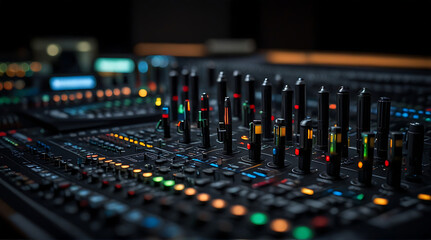 Professional Sound studio scene, Intricate audio equipment, Audio mixing console in a streaming, live broadcast, or recording session. Shallow depth of field, buttons