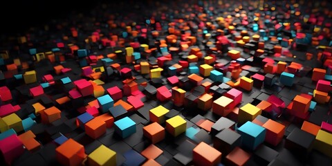 Colorful cubes of various sizes floating and playfully interacting with a black background. - obrazy, fototapety, plakaty