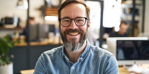 A smiling man with a beard wearing glasses, posing in a modern office environment with plants.
