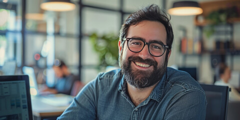 Obraz premium A smiling man with a beard wearing glasses, posing in a modern office environment with plants. 