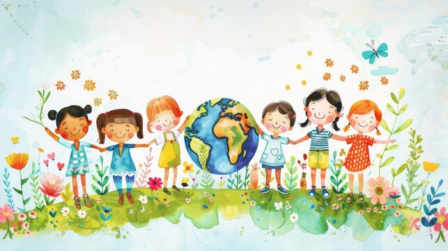 Illustration of diverse children holding hands around the Earth, unity in celebrating global environmentalism.