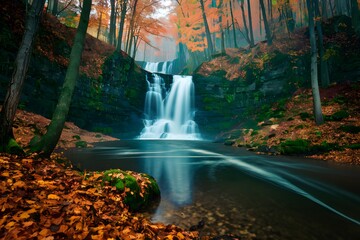 Travel to majestic waterfall in autumn forest, natural beauty